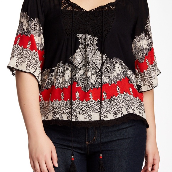 Angie Tops - ANGIE’S Black & Red Bohemian Tassel Blouse